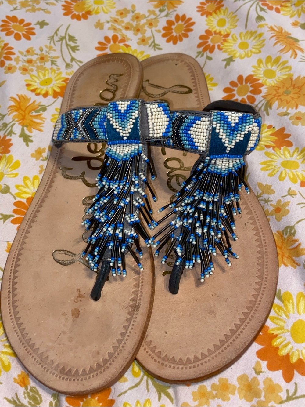 BLUE TRIBAL BEAD FLIP FLOPS SANDALS Sam Edelman Fringe Tassel BOHO Festival - Picture 2 of 7